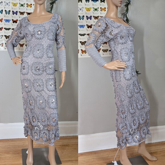 Vintage 90s y2k Newport News Gray Maxi Dress Crochet Beachy Fairycore Sequins M - Picture 2 of 11
